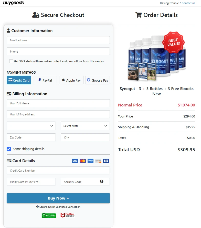 SynoGut secure checkout screenshot showing payment options, six-bottle package and order total