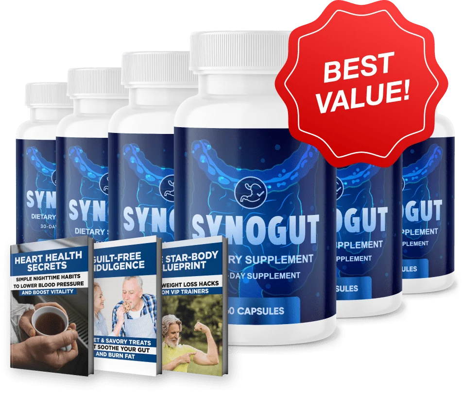SynoGut six-bottle supplement package with three bonus ebooks and Best Value badge