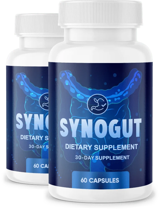 SynoGut two-bottle digestive health supplement package with 60 capsules per bottle