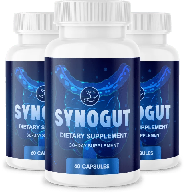 SynoGut three-bottle supplement package showing 30-day supply labels