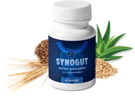 SynoGut 60-capsule dietary supplement bottle displayed with aloe vera, grains and flaxseeds